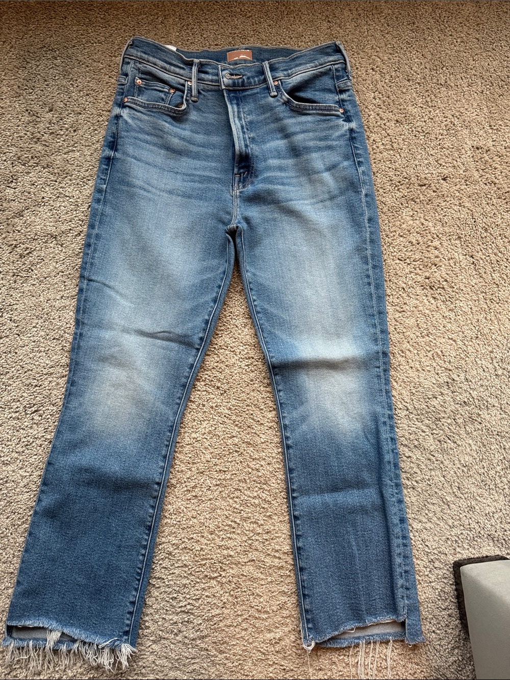 MOTHER Men's Medium Blue Straight-Leg Jeans with Frayed Hem